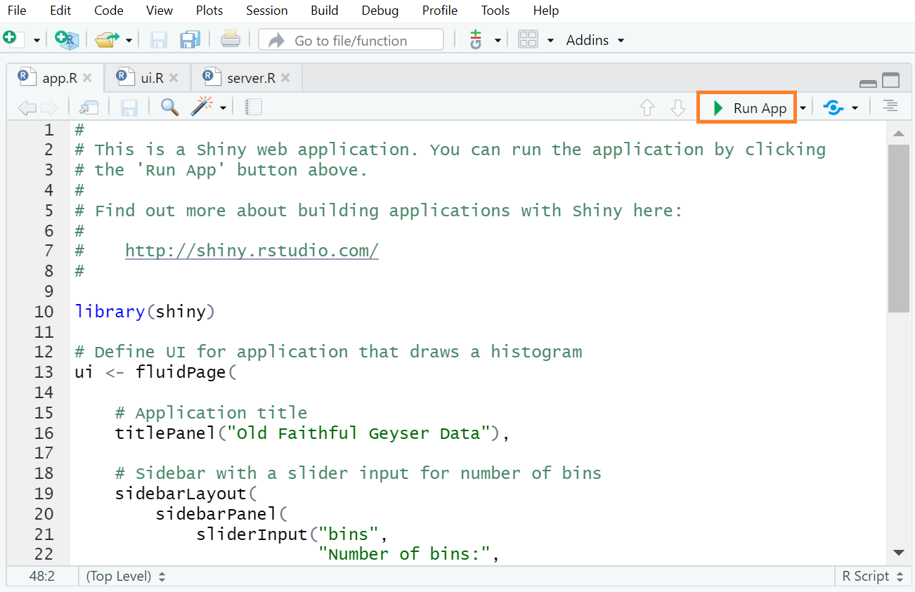 Running a shiny web app that is predefined when a new shiny web app is created in RStudio.